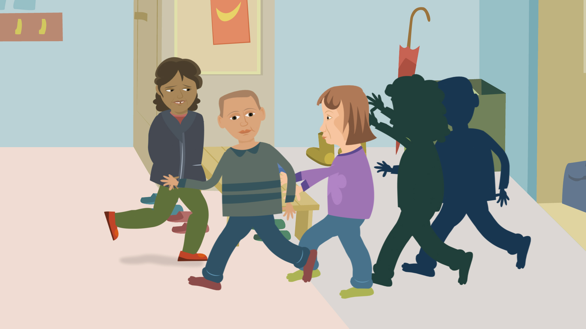 Tecknad bild där en grupp barn springer förbi en flicka.