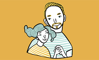 En illustration som visar en man och en flicka som  åller händer.
