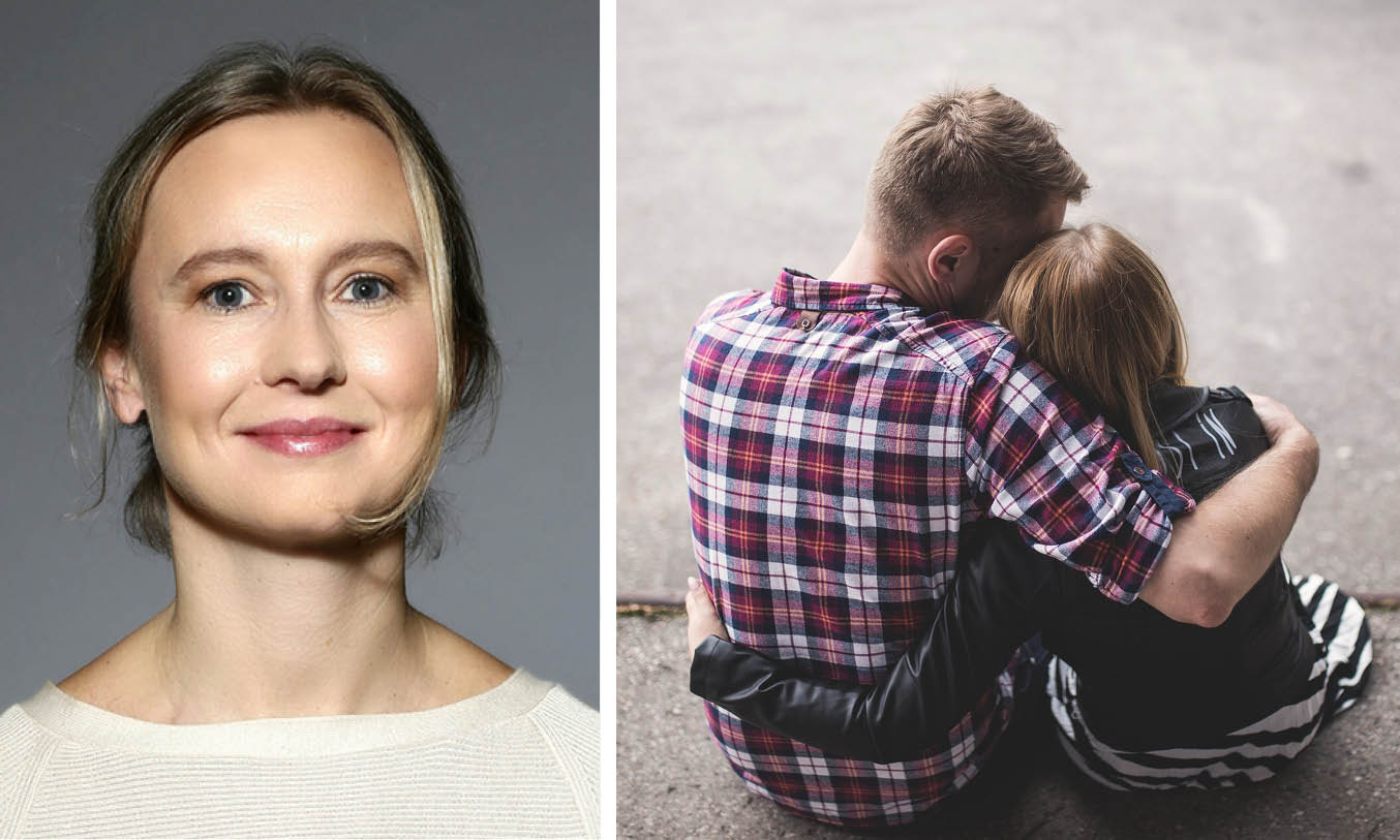 Pernilla Omérov samt en bild på två personer som sitter och håller om varandra. 