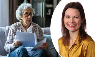 Sarah Åkerman samt en bild på en äldre kvinna som sitter i en soffa och tittar i några papper.