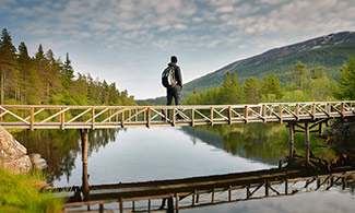 En person står på en bro och tittar ut mot vattnet