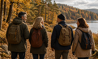 Fyra personer i medelåldern promenerar tillsammans på en skogsstig vid en sjö under hösten. Gruppen ses bakifrån medan de pratar och njuter av naturen omgivna av gyllene höstlöv och varmt eftermiddagsljus.
