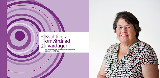 Bild på boken Kvalificerad omvårdnad i vardagen och en porträttbild på Ann-Kristin Ölund.