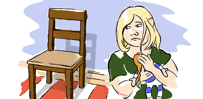 En illustration som visar en tom stol och en flicka som håller en docka i famnen.