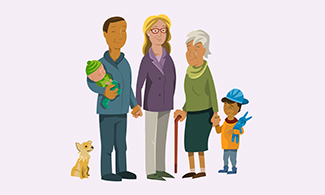 Illustration föreställande en hund, en man och kvinna som håller varandra i händerna. Mannen håller en bebis i famnen. På bild finns också en äldre kvinna som håller en pojke i handen.