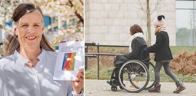 Charlotte Oja samt en bild på en flicka som kör en kvinna i rullstol.